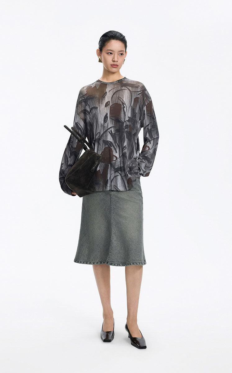 T-Shirt / JNBY Nylon Mesh Rose Print Oversized Tee