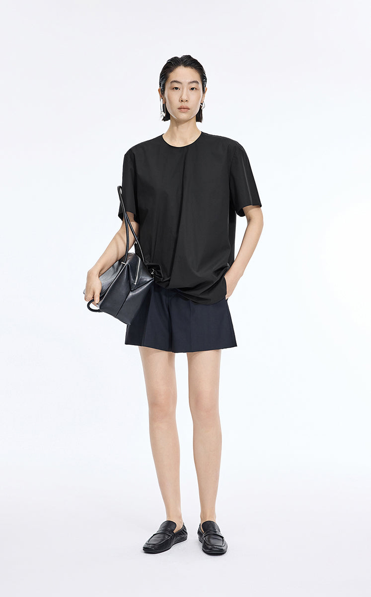 Top / JNBY Cotton Poplin Pleated Hem Short Sleeve Shirt