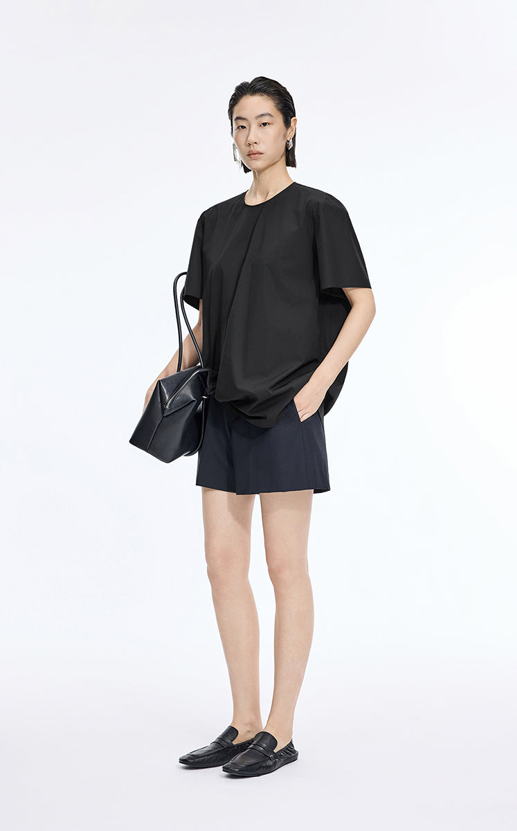 Top / JNBY Cotton Poplin Pleated Hem Short Sleeve Shirt