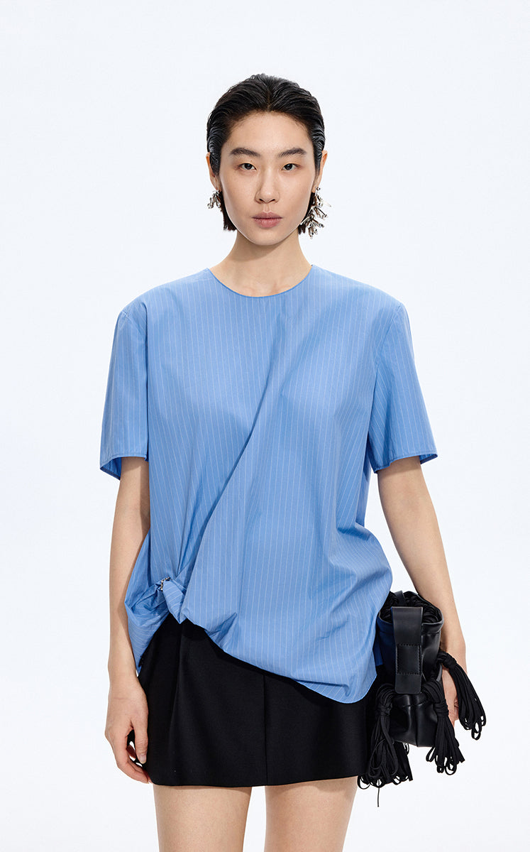 Top / JNBY Cotton Poplin Pleated Hem Short Sleeve Shirt