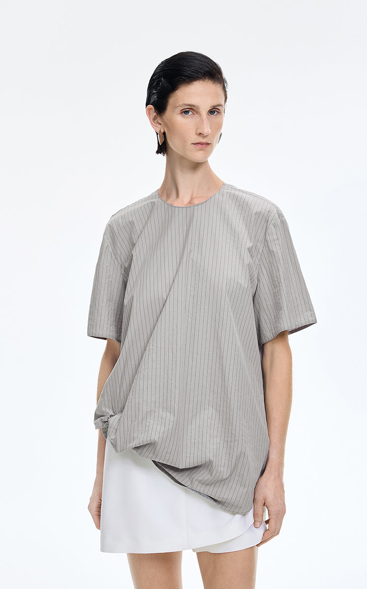 Top / JNBY Cotton Poplin Pleated Hem Short Sleeve Shirt