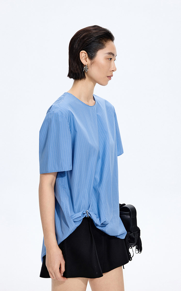 Top / JNBY Cotton Poplin Pleated Hem Short Sleeve Shirt