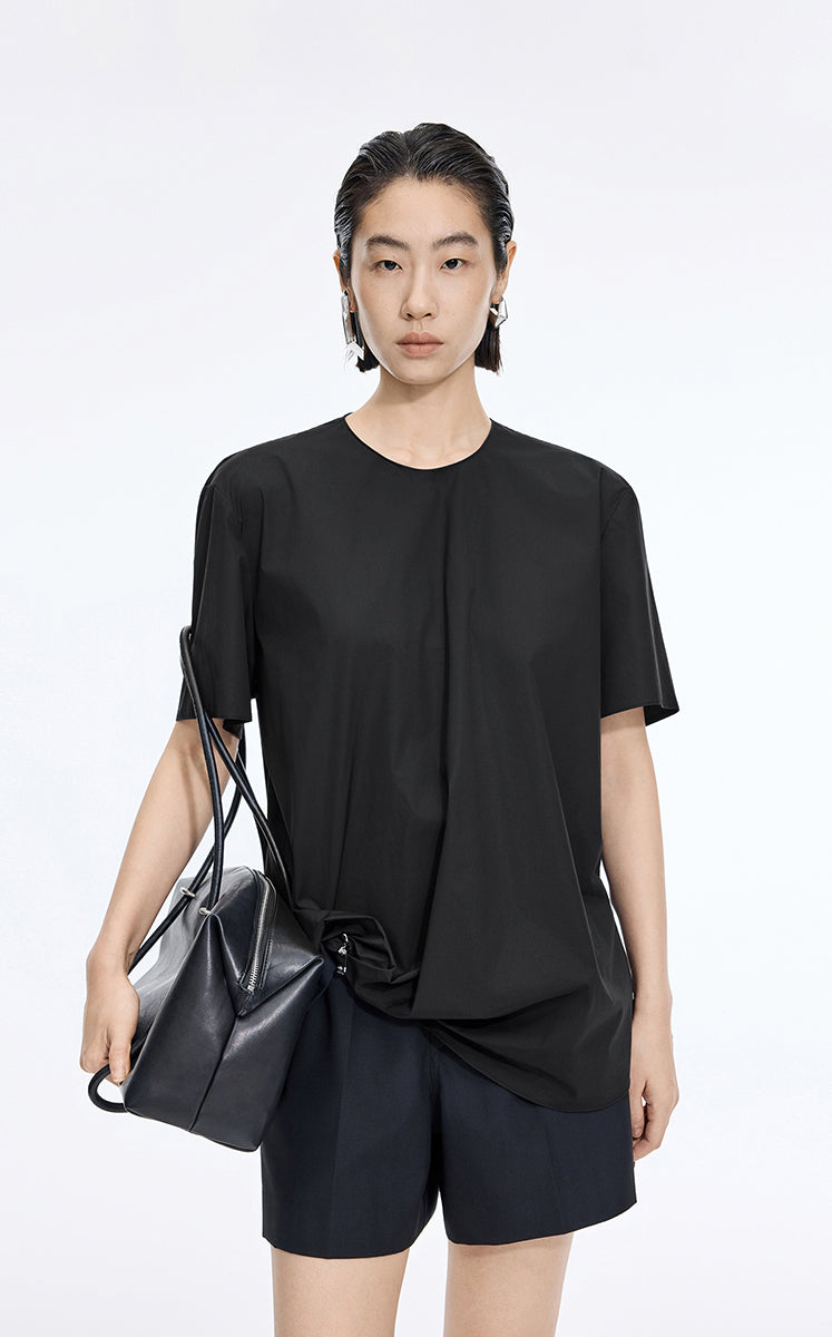 Top / JNBY Cotton Poplin Pleated Hem Short Sleeve Shirt