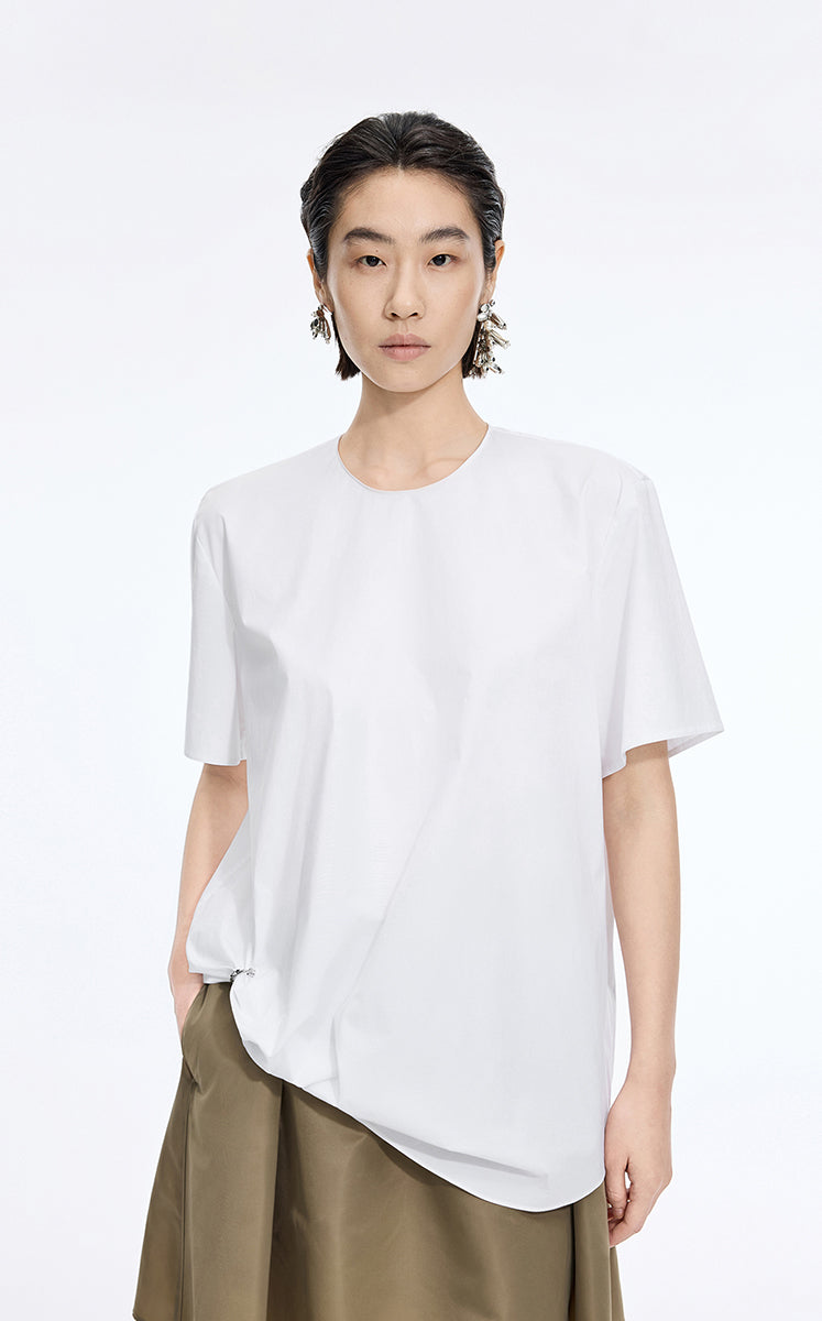Top / JNBY Cotton Poplin Pleated Hem Short Sleeve Shirt