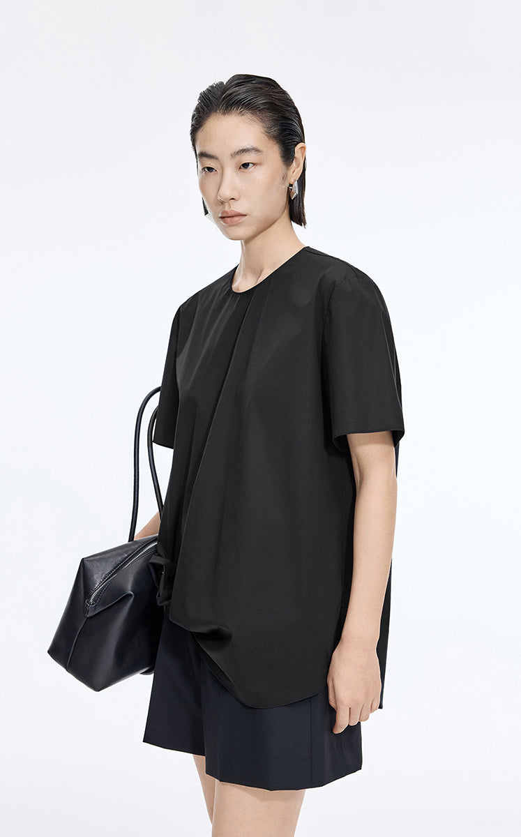 Top / JNBY Cotton Poplin Pleated Hem Short Sleeve Shirt
