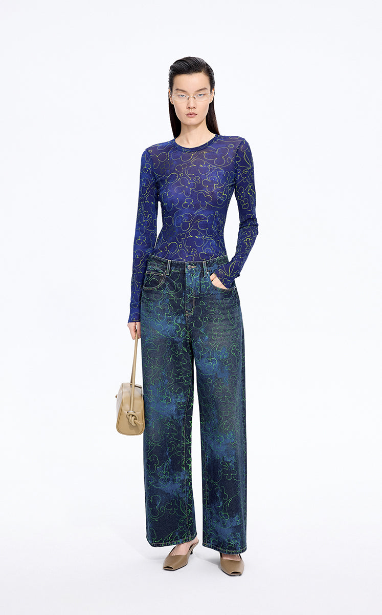 T-Shirt / JNBY Floral Print Stretch Slim Long Sleeve Tee