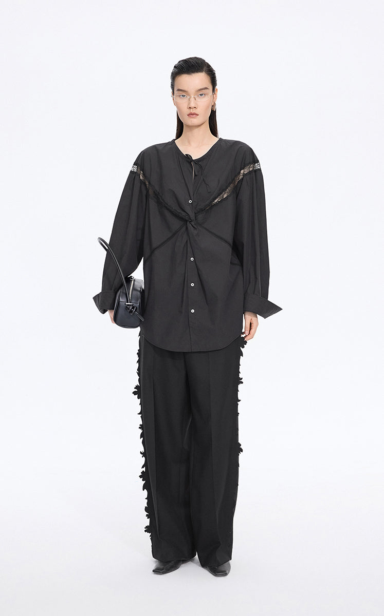 Shirt / JNBY Lace Panel Cotton Relaxed Long Sleeve Shirt