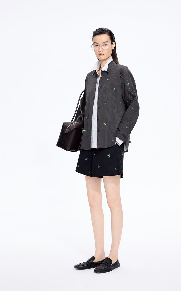 Shirt / JNBY Embroidered Floral Stripe Oversized Shirt