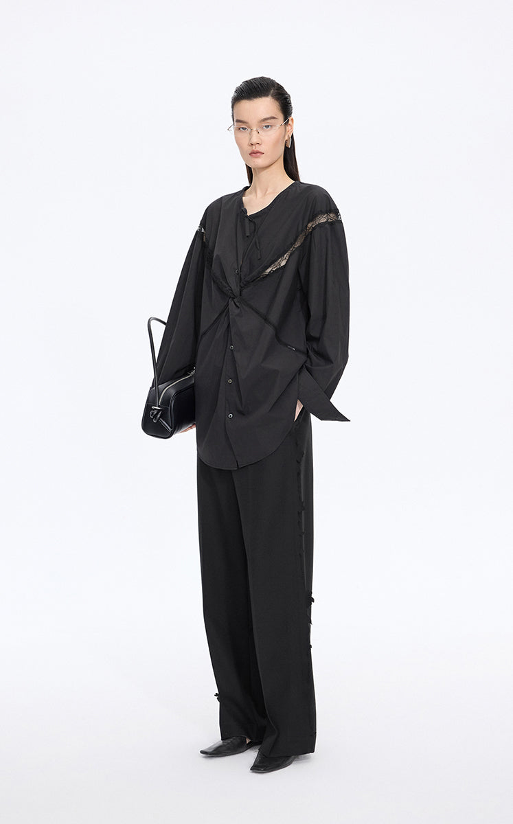 Shirt / JNBY Lace Panel Cotton Relaxed Long Sleeve Shirt