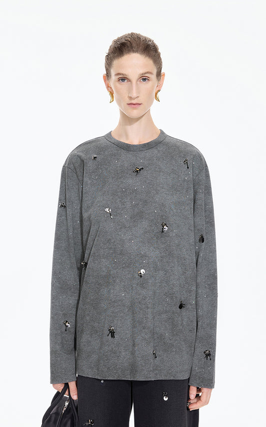 T-Shirt / JNBY Beaded Cotton Long Sleeve Tee