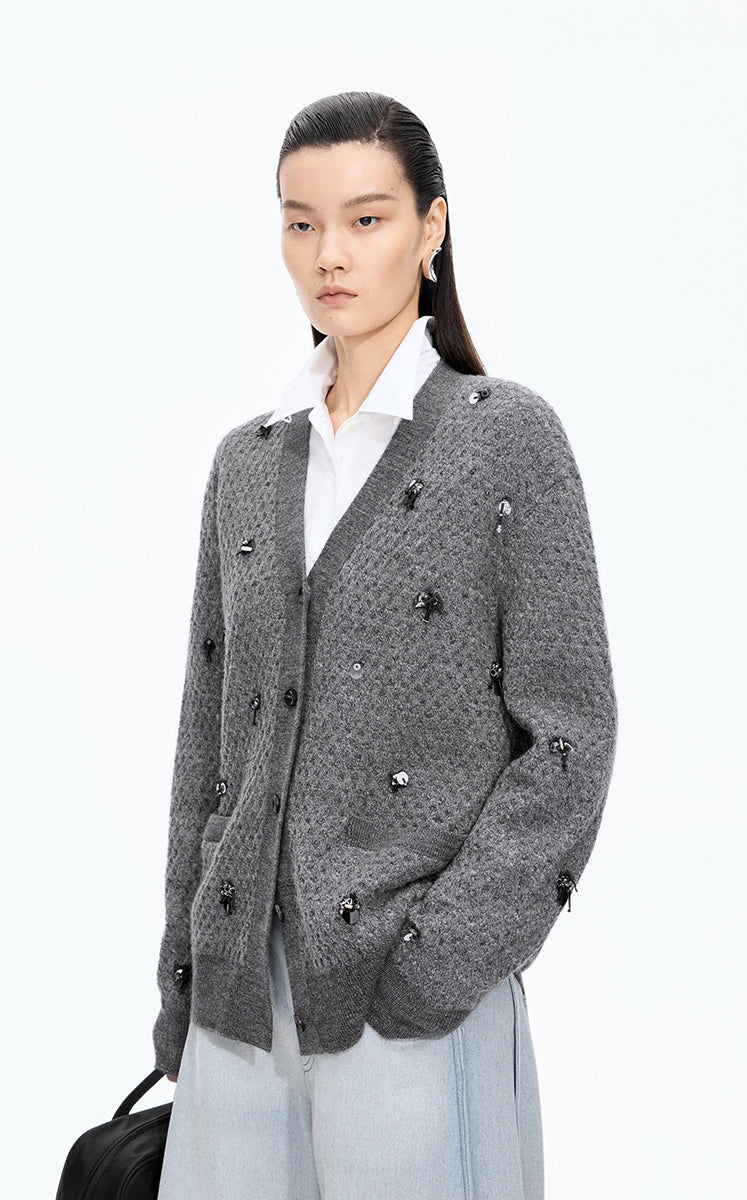 Sweater / JNBY Textured Beaded Wool Cardigan