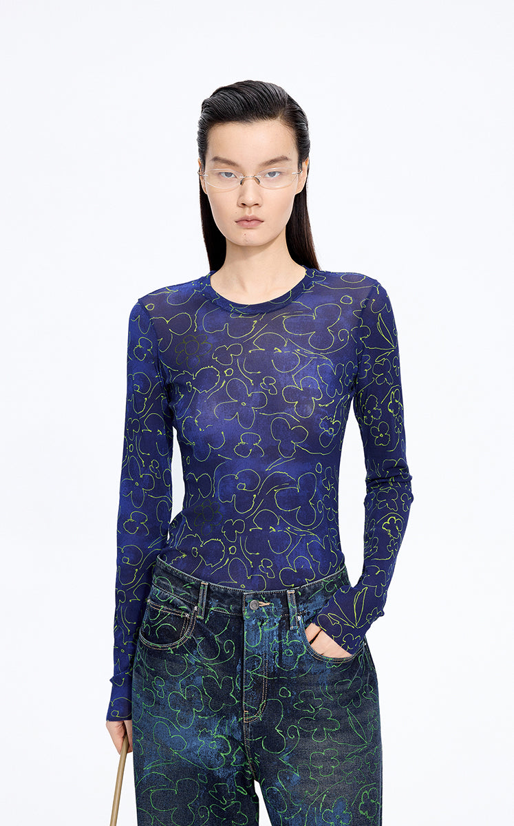 T-Shirt / JNBY Floral Print Stretch Slim Long Sleeve Tee