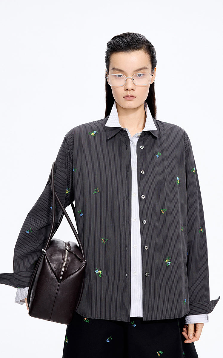 Shirt / JNBY Embroidered Floral Stripe Oversized Shirt