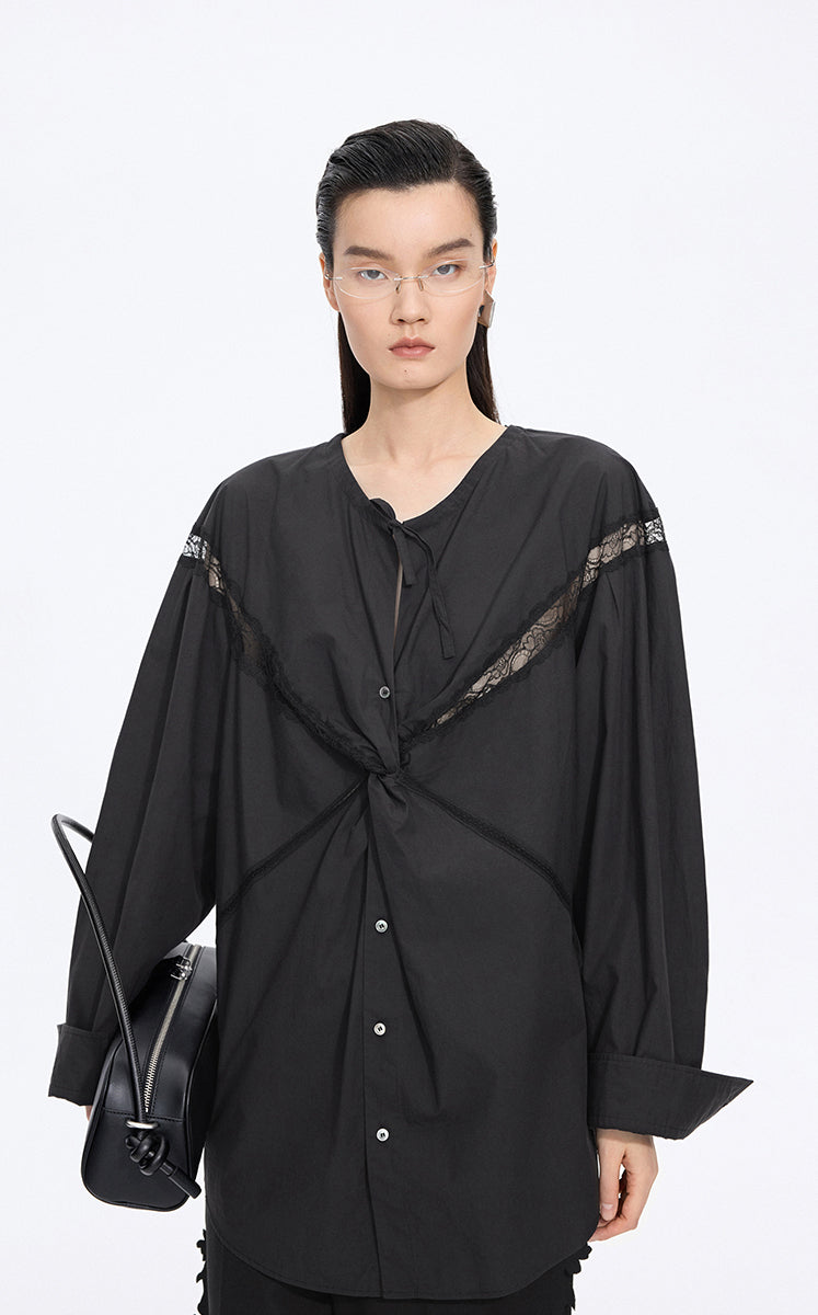 Shirt / JNBY Lace Panel Cotton Relaxed Long Sleeve Shirt