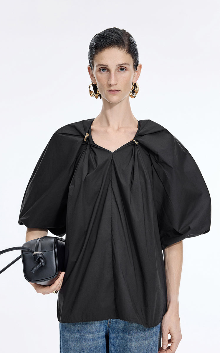 Top / JNBY Stretch Cotton Poplin V-Neck Shirt