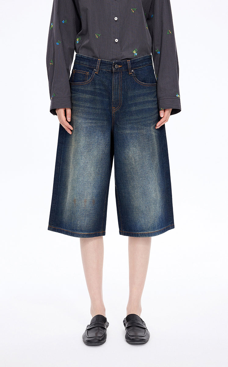 Pants / JNBY Washed Cropped Wide-Leg Denim Pants