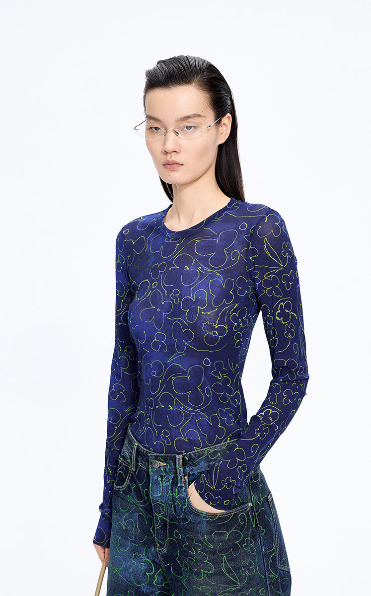 T-Shirt / JNBY Floral Print Stretch Slim Long Sleeve Tee