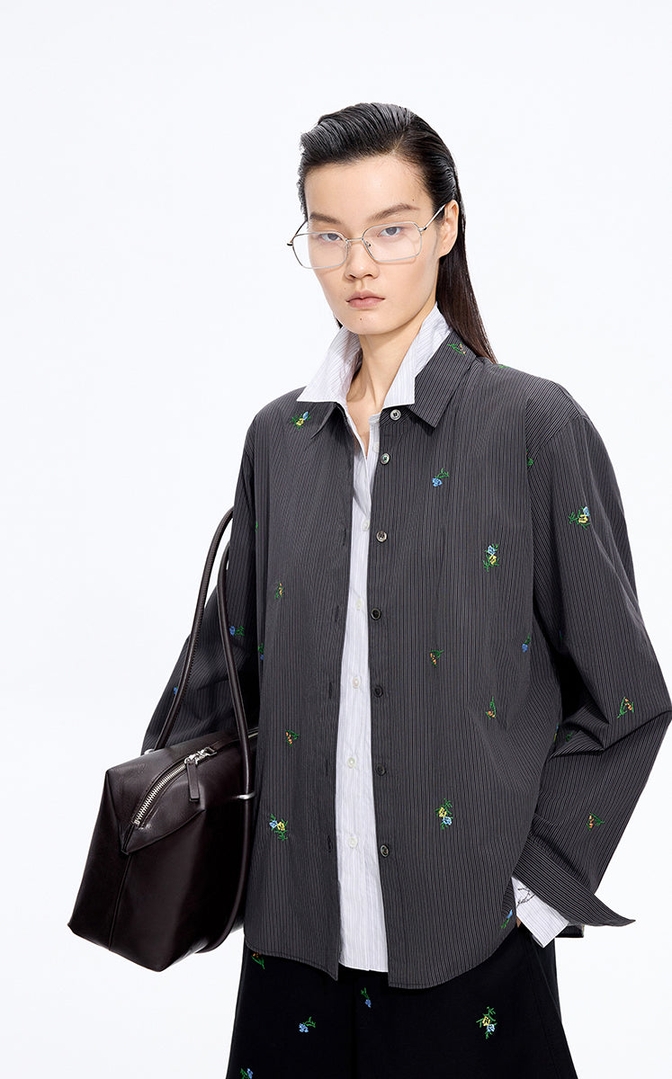 Shirt / JNBY Embroidered Floral Stripe Oversized Shirt