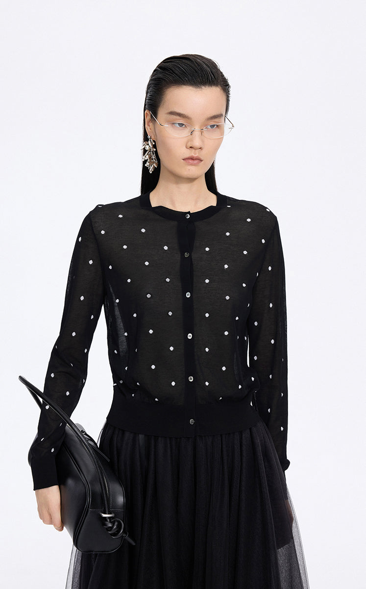 Sweater / JNBY Polka Dot Cropped Cotton Blend Cardigan