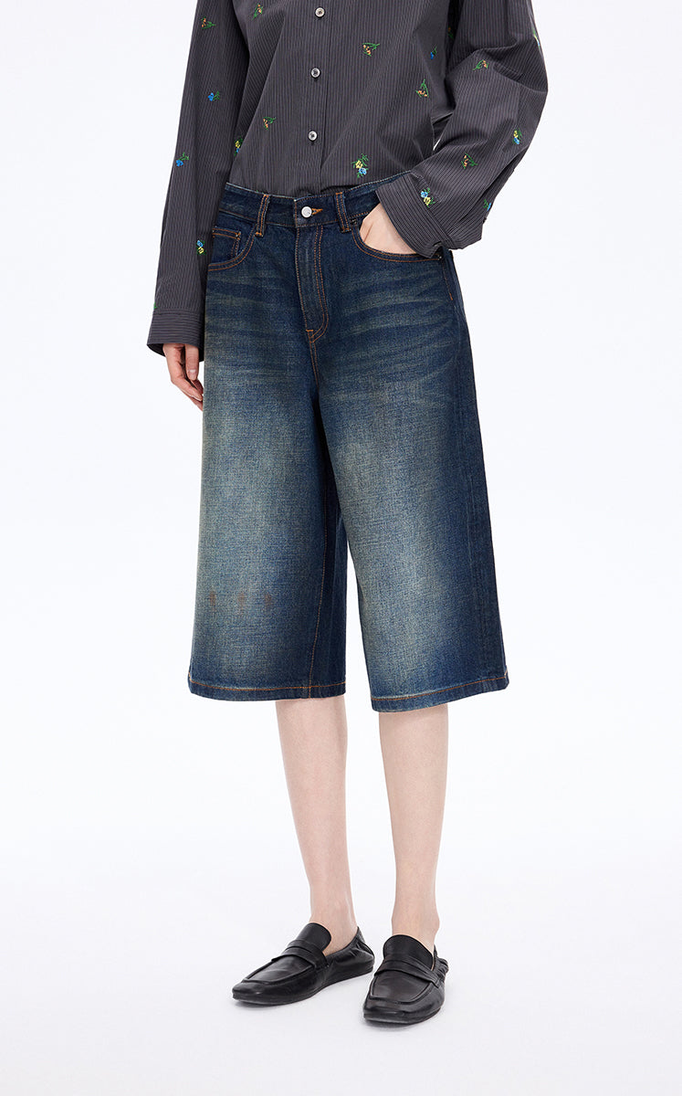 Pants / JNBY Washed Cropped Wide-Leg Denim Pants