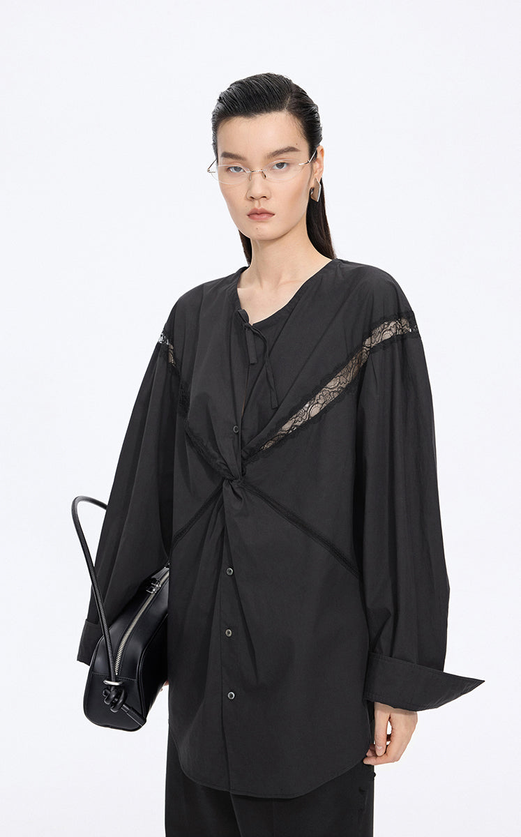 Shirt / JNBY Lace Panel Cotton Relaxed Long Sleeve Shirt