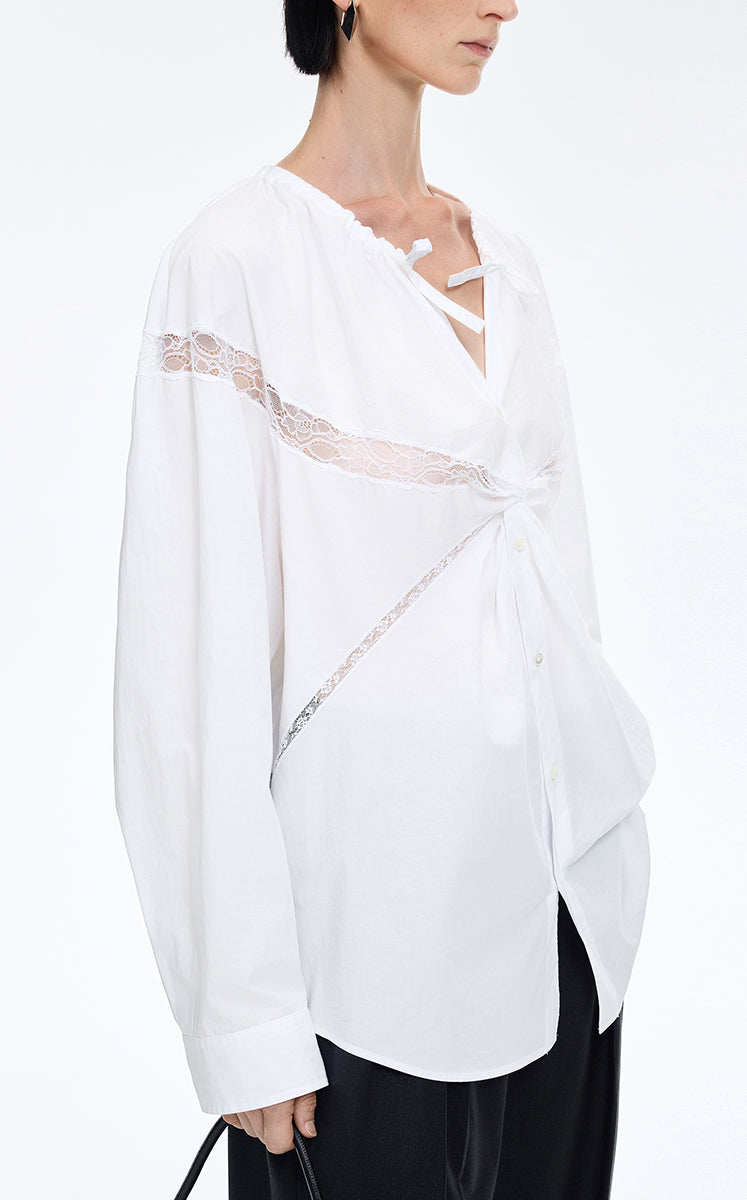 Shirt / JNBY Lace Panel Cotton Relaxed Long Sleeve Shirt
