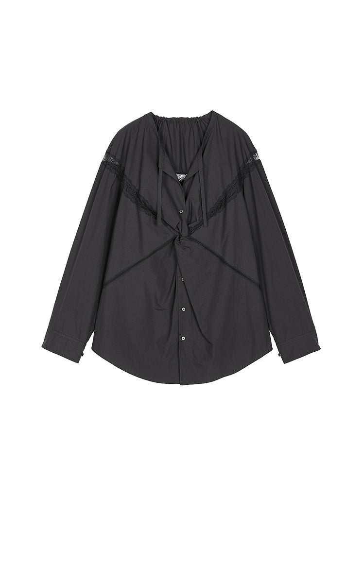 Shirt / JNBY Lace Panel Cotton Relaxed Long Sleeve Shirt