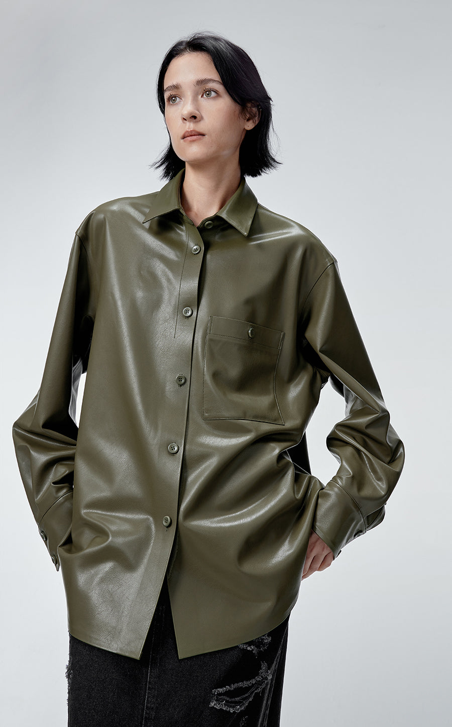 Coat / JNBY Faux Leather Coat in Shirt Style