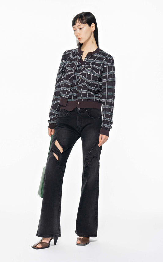 Cardigans / JNBY Plaid Print Crewneck Cropped Cardigan