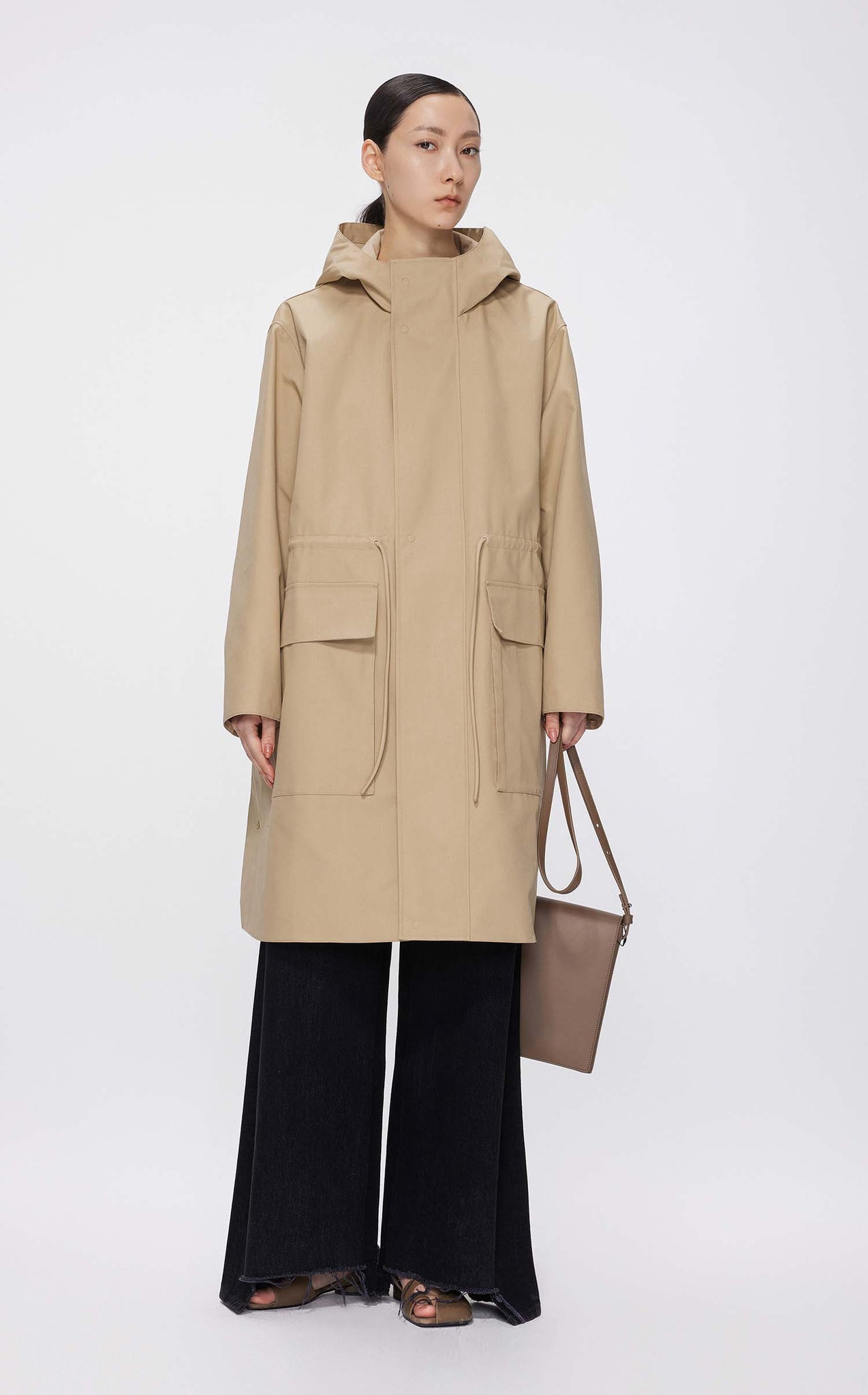 Coat / JNBY Loose Fit Hooded Mid-Length H-Line Trench Coat