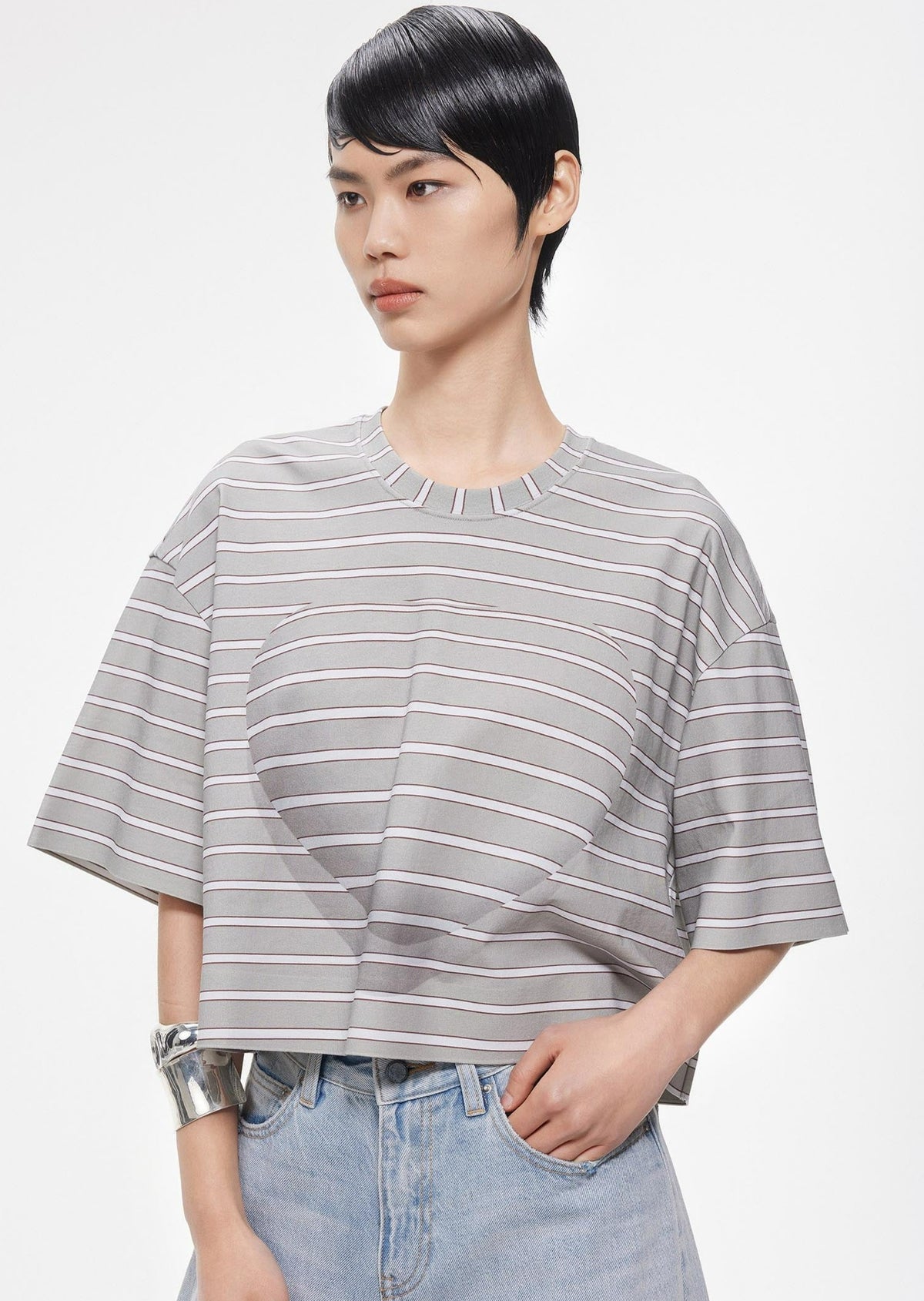 T-Shirt / JNBY Loose Fit Stripped H-Line Cotton T-Shirt