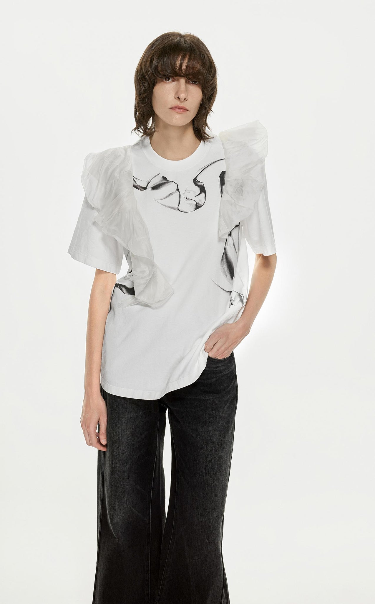 T-Shirt / JNBY Mesh Ruffled Shoulder Short Sleeve T-Shirt (100% Cotton)