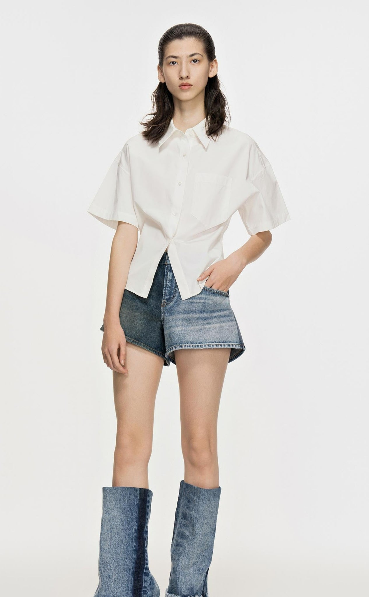 Shorts / JNBY Color-Contrast Patchwork Washed Denim Shorts (100% Cotton)