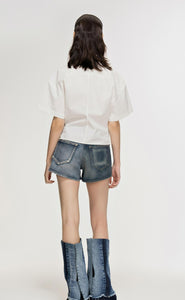 Shorts / JNBY Color-Contrast Patchwork Washed Denim Shorts (100% Cotton)