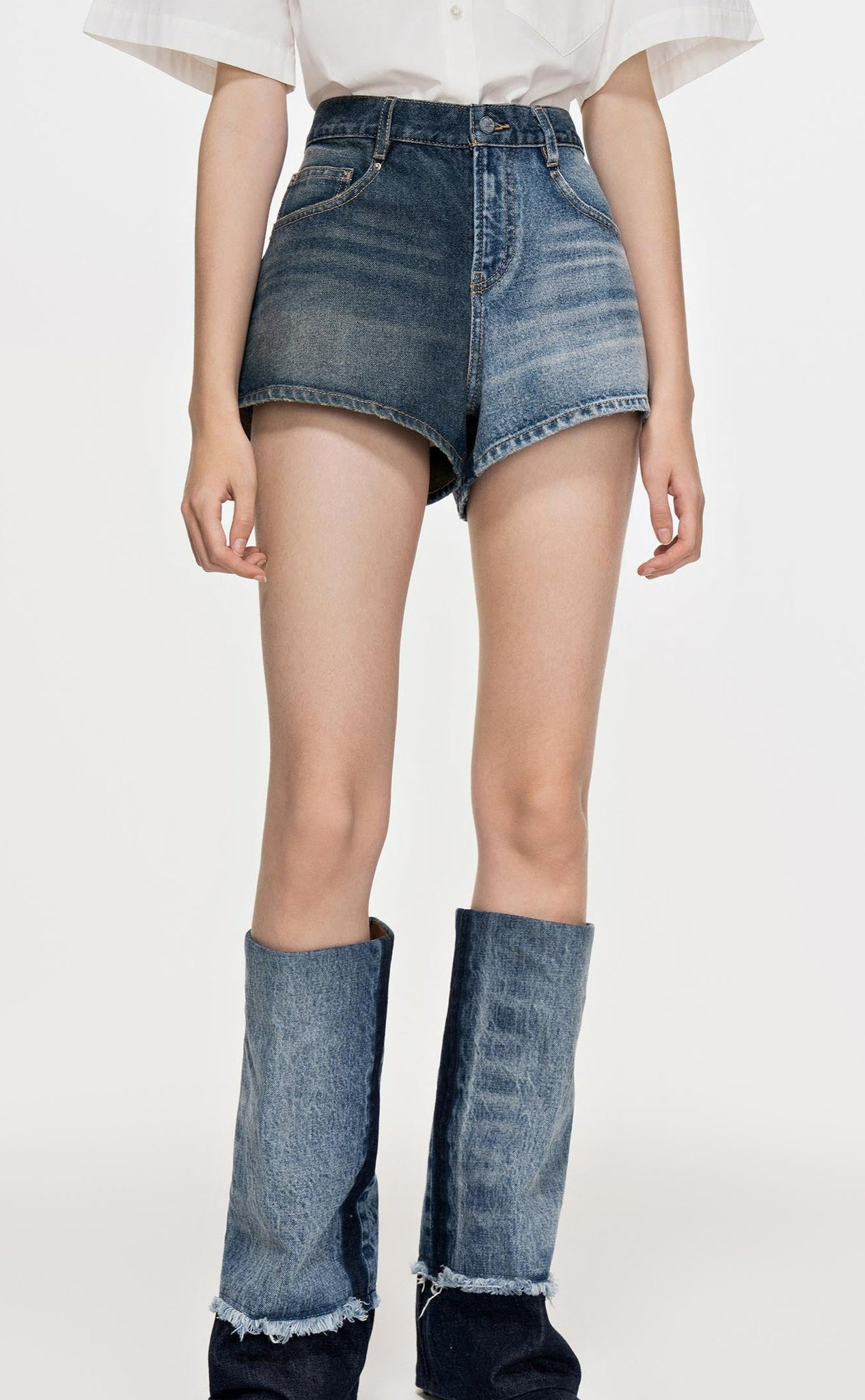 Shorts / JNBY Color-Contrast Patchwork Washed Denim Shorts (100% Cotton)