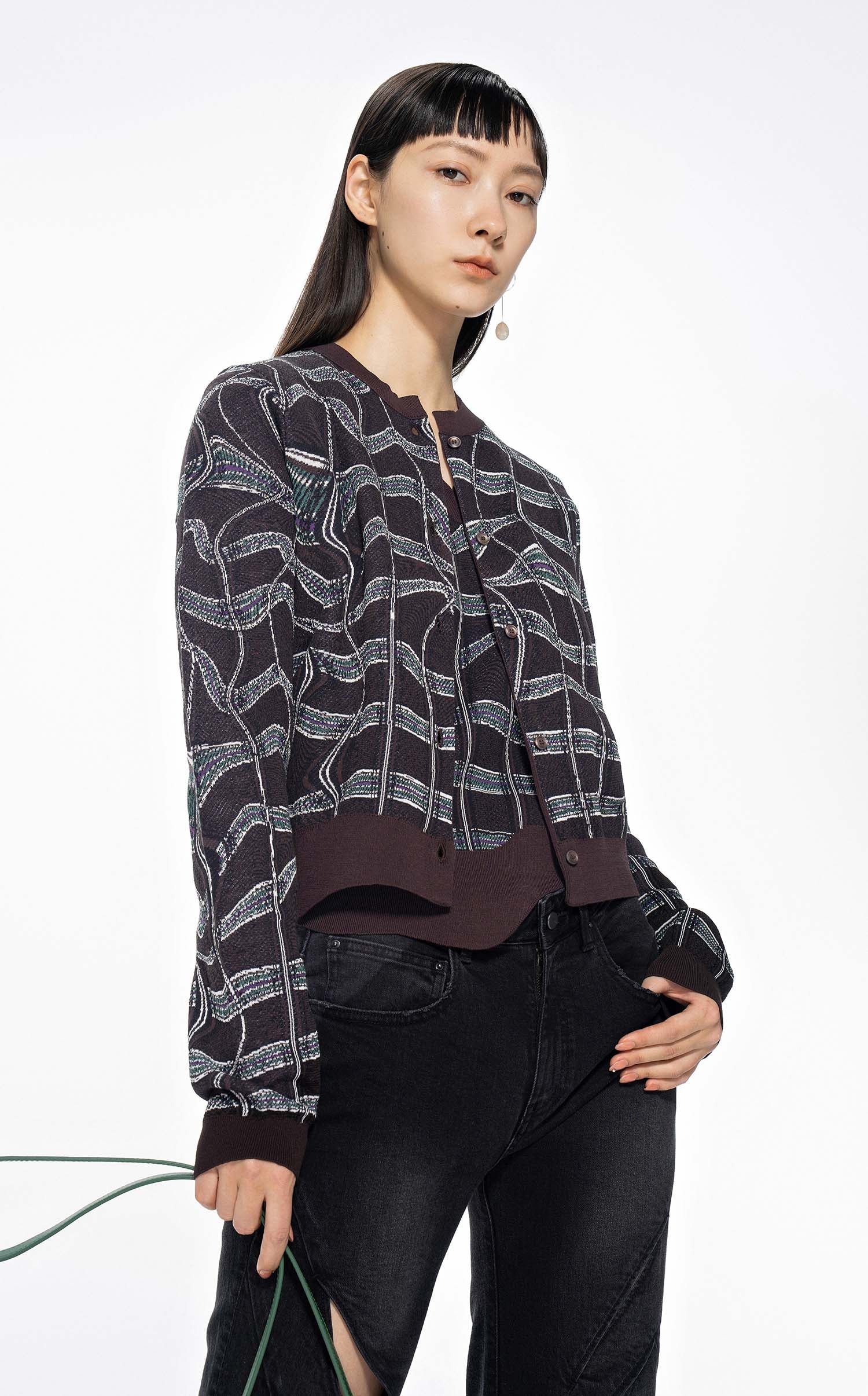 Cardigans / JNBY Plaid Print Crewneck Cropped Cardigan